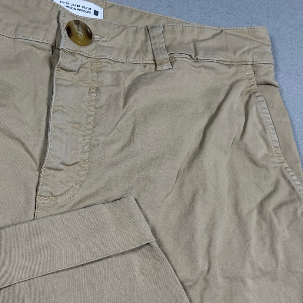 Zara‎ Tan Khaki High Waisted Tapered Chino Pants Cuffed Hem Womens Size 6